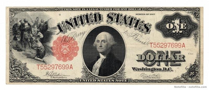 Anverso del 1 dólar United States Note, serie 1917, Fr. 39, serial T55297699A: Washington, Colón avistando tierra, sello rojo a la izquierda y plancha G.
