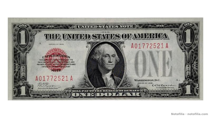 Anverso del 1 dólar United States Note, serie 1928, Fr. 1500, serial A01772521A: Washington, sello rojo, posición A y plancha 21.