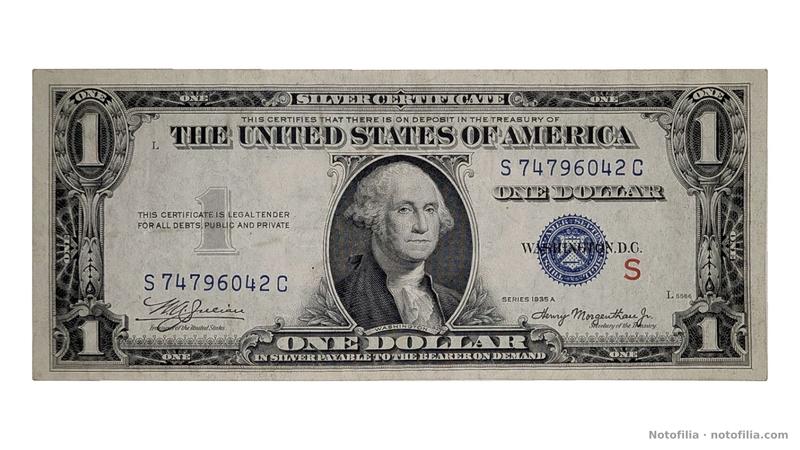 Anverso del 1 dólar experimental S serie 1935 A, serial S74796042C: Washington, sello azul del Tesoro, S roja, posición L y plancha L 5566.