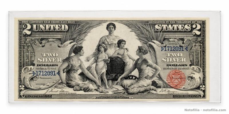 Anverso del 2 dólares certificado de plata, serie de 1896, serial 1712091, plancha C: la Ciencia, el Vapor y la Electricidad, sello rojo del Tesoro y firmas Tillman–Morgan, en funda.