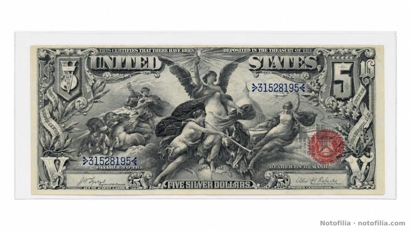 Anverso del 5 dólares certificado de plata, serie de 1896, serial 31528195: la Electricidad, sello rojo del Tesoro y firmas Lyons–Roberts, en funda.