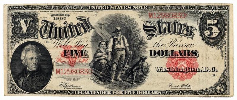 Anverso del 5 dólares United States Note, serie 1907, Fr. 91, serial M12980830: Jackson, la familia pionera, sello rojo y letra de plancha B.