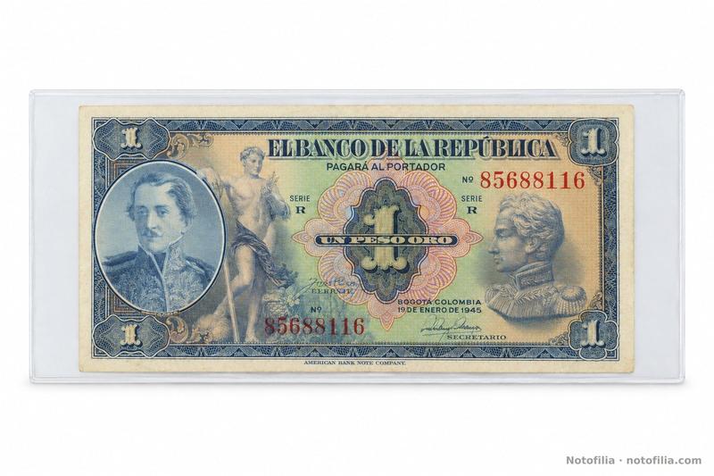 Face of the 1 peso oro, Pick 380d: Santander, Bolívar, Series R, serial 85688116, and the date 19 January 1945.