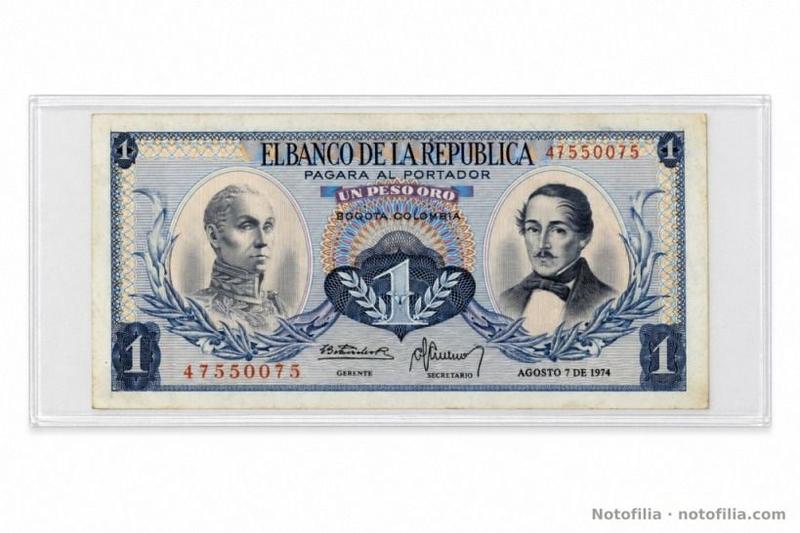 Anverso del 1 peso oro, Pick 404e: Bolívar, Santander, serial 47550075 y fecha 7 de agosto de 1974.
