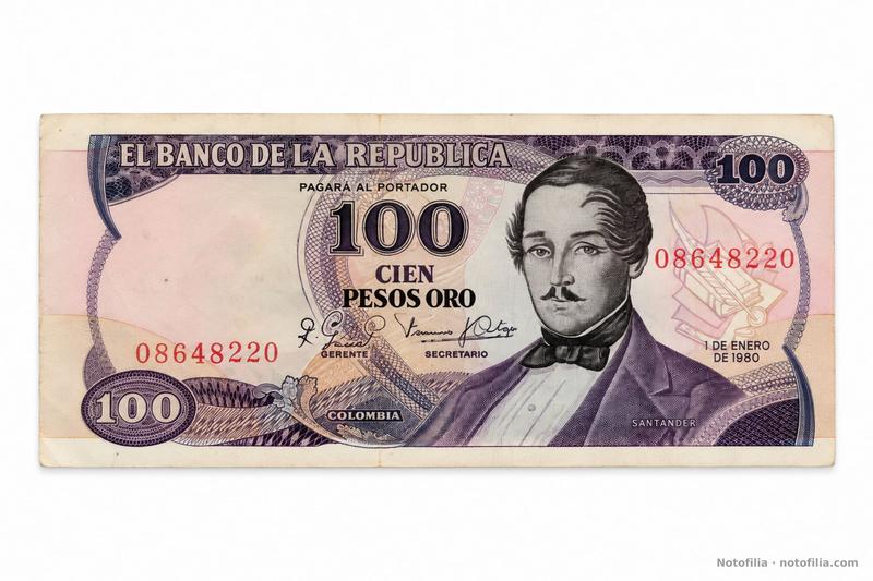 Anverso del 100 pesos oro, Pick 418b: Santander, serial 08648220 y fecha 1 de enero de 1980.