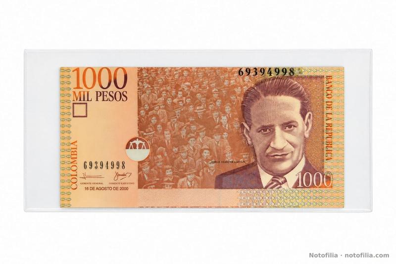 Anverso del 1.000 pesos, Pick 450: Gaitán, serial 693949988 y la fecha 16 de agosto de 2000 bajo las firmas; el canto superior queda justo contra el 1000 y el serial alto.