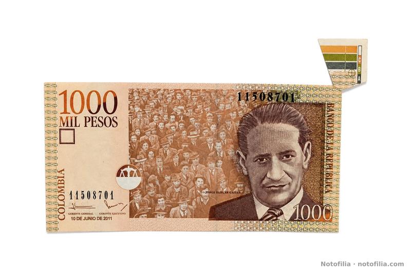 Face of the 1,000 pesos, Pick 456n: Gaitán, the date 10 June 2011, serial 11508701, and a butterfly flap with color bars and the A, B, and C boxes.