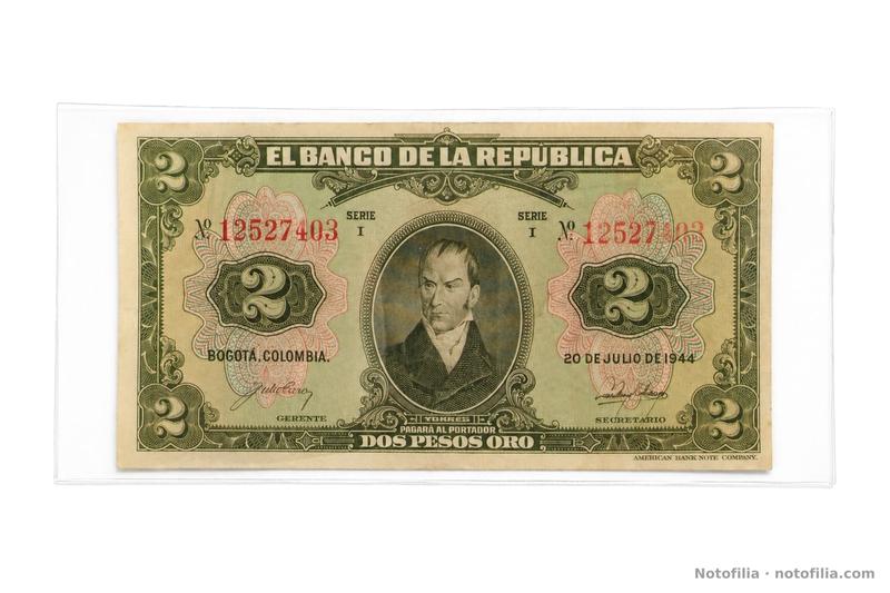 Face of the 2 pesos oro, Pick 390b: Torres, Series I, serial 12527403, and the date 20 July 1944.