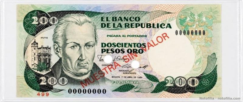 Anverso del 200 pesos oro, Pick 429ds: Mutis, serial 00000000, control 499, sobrecarga MUESTRA SIN VALOR y fecha 1.º de abril de 1989.