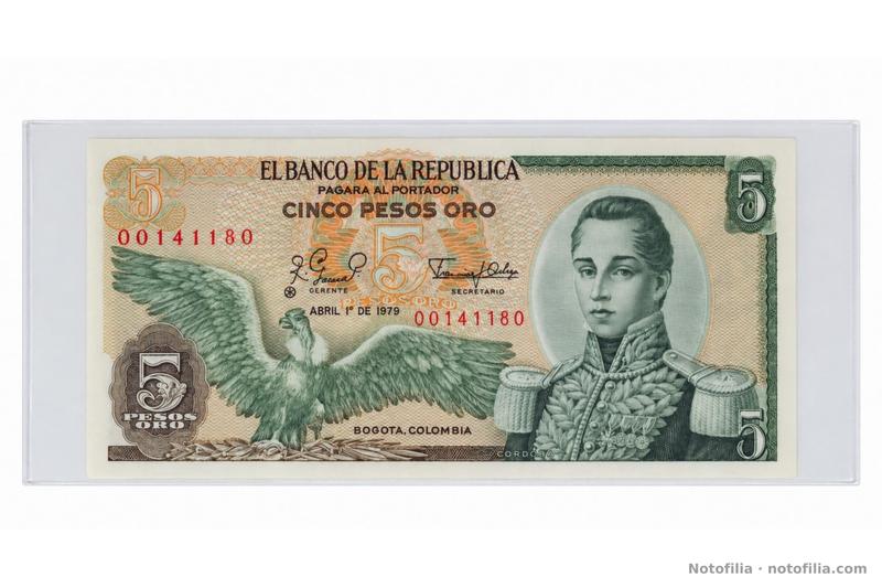 Anverso del 5 pesos oro de reposición, 1.º de abril de 1979: cóndor, José María Córdova, serial 00141180 y asterisco a la izquierda de GERENTE.