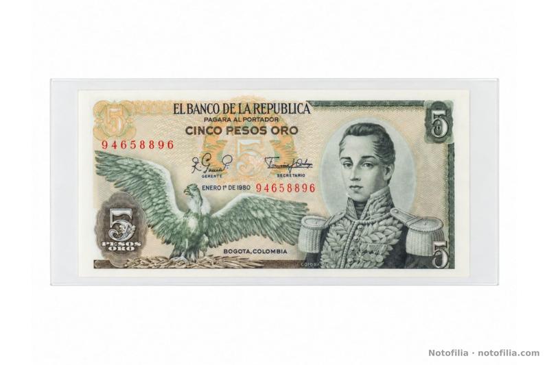 Face of the 5 pesos oro, Pick 406f: condor, José María Córdova, serial 94658896, and the date 1 January 1980.