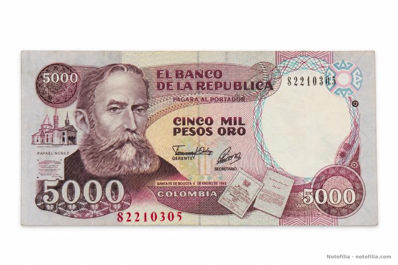 Anverso del 5.000 pesos oro, Pick 436A / TBB B974c: Rafael Núñez, Ermita del Cabrero, serial 82210365 y fecha 4 de enero de 1993.