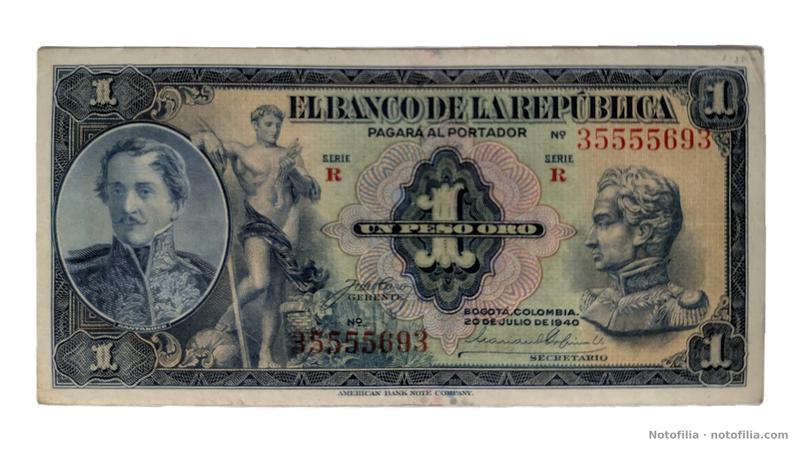 Anverso del 1 peso oro, Pick 380b: Santander, Bolívar, serie R, serial 35555693 y fecha 20 de julio de 1940.