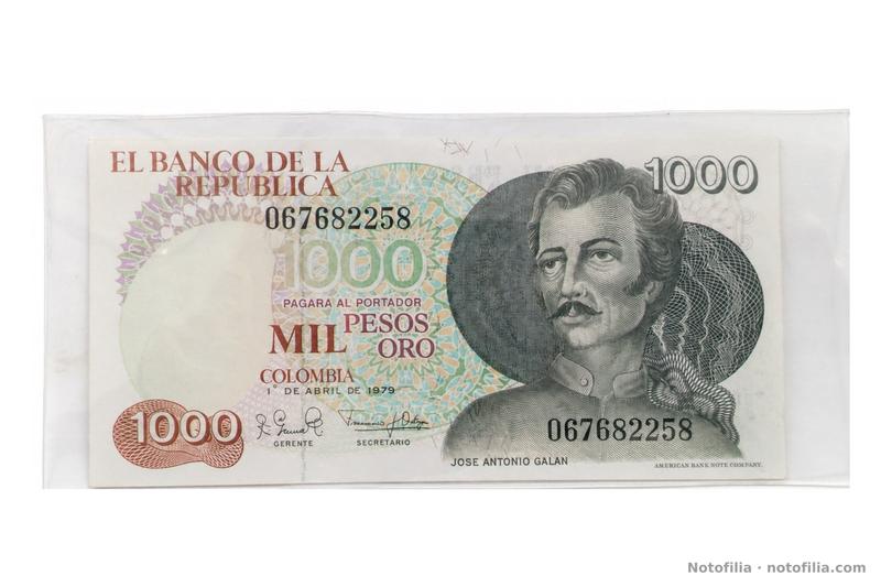 Face of the 1,000 pesos oro, Pick 421a: José Antonio Galán, serial 067682258, and the date 1 April 1979.