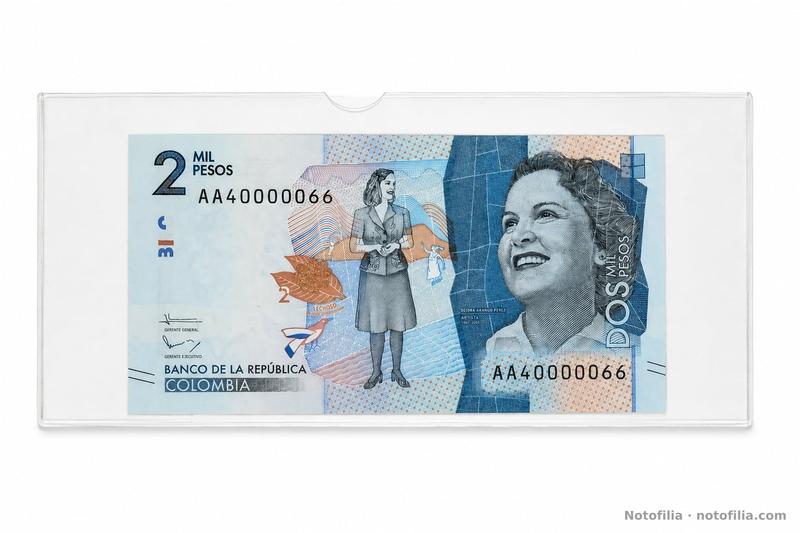 Face of the 2,000 pesos, Pick 458a / TBB B993a: Débora Arango, SPARK lechoso, the date 19 August 2015, and fancy serial AA40000066.