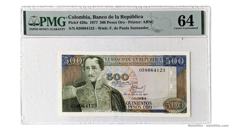 Anverso del 500 pesos oro, Pick 420a, encapsulado PMG 64 Choice Uncirculated: Santander, serial 038064123 y fecha 20 de julio de 1977.