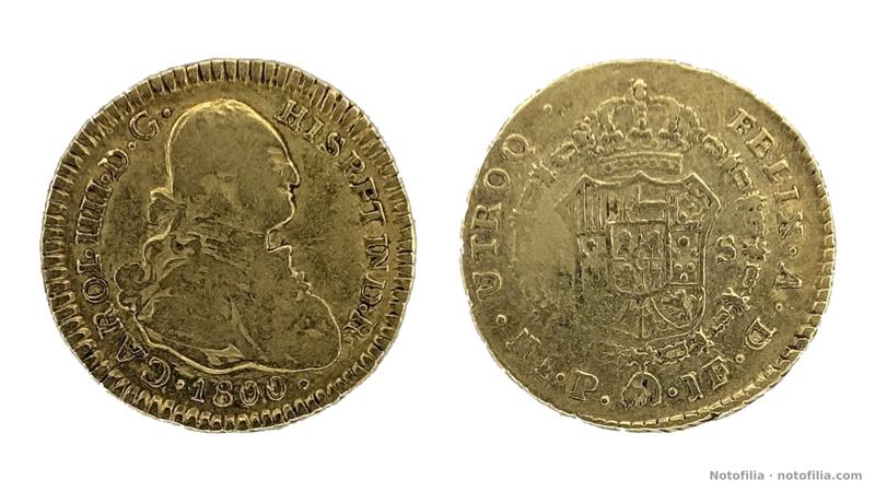 Anverso y reverso del 1 escudo de Popayán de 1800 P–JF: busto de Carlos IV y fecha 1800; escudo coronado, 1 S y marcas P · JF.