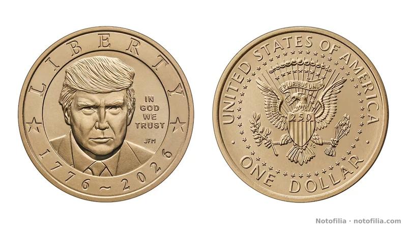 Anverso: retrato de frente de Donald J. Trump; LIBERTY; IN GOD WE TRUST; 1776 ~ 2026; iniciales JFM.