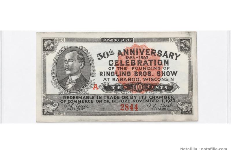 Anverso del 10¢ de Baraboo, Shafer WI100, serie A, serial 2844: retrato de Chas. Ringling, 50th ANNIVERSARY 1883–1933 y TEN CENTS.