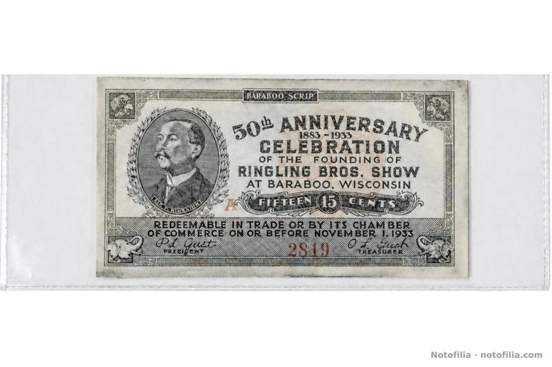 Anverso del 15¢ de Baraboo, Shafer WI100, serie A, serial 2819: retrato de Al. T. Ringling, 50th ANNIVERSARY 1883–1933 y FIFTEEN (15) CENTS.