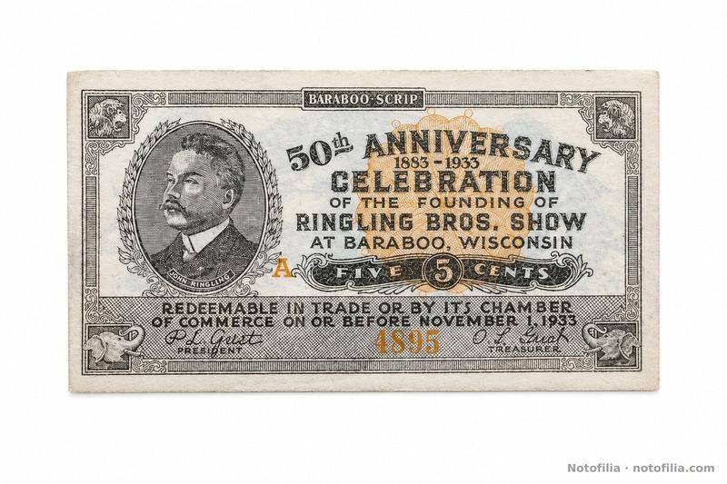 Anverso del 5¢ de Baraboo, Shafer WI100, serie A, serial 4895: retrato de John Ringling, 50th ANNIVERSARY 1883–1933 y FIVE (5) CENTS.