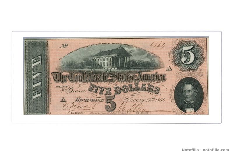Face of the Confederate $5, T-69, 17 February 1864, serial 6164, 3rd series, plate A: the Virginia Capitol and Memminger.