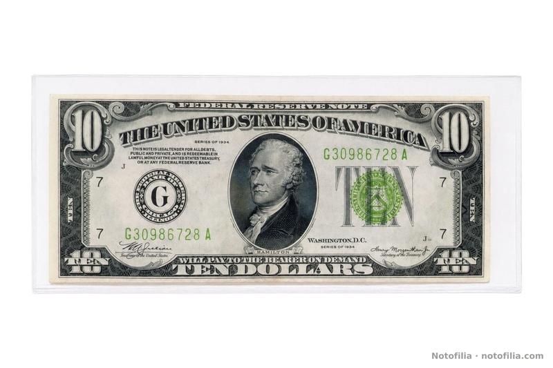 Face of the Series 1934 $10, Chicago district, serial G30986728A: Hamilton and the green Treasury seal.
