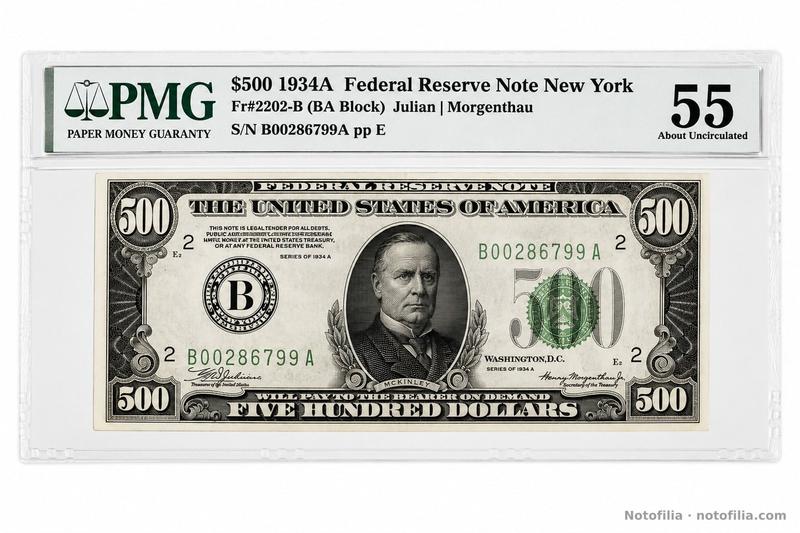 Anverso encapsulado del 500 dólares, serie 1934 A, distrito de Nueva York, serial B00286799A: McKinley, sello verde del Tesoro y etiqueta PMG 55.