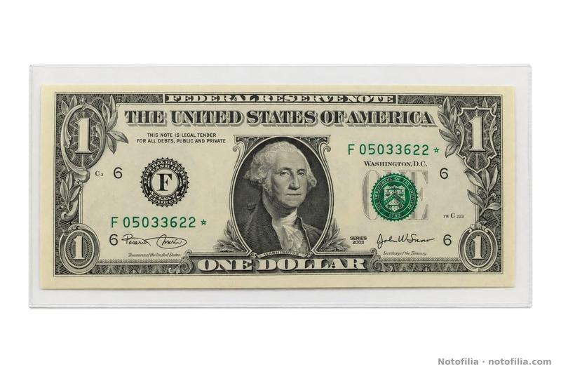 Face of the Series 2003 $1, Atlanta district, replacement serial F 05033622 ★: Washington and the green Treasury seal.