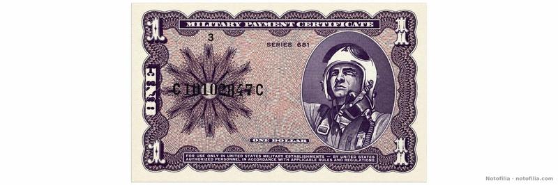 Face of the Series 681 $1, serial C10102847C: helmeted pilot and violet 1 overprints.