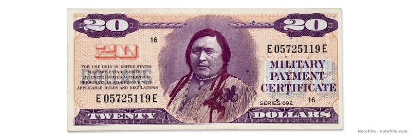 Face of the Series 692 $20, serial E05725119E: portrait of Chief Ouray and orange 20.