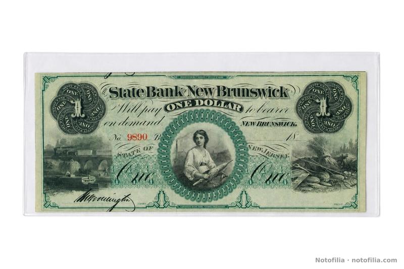 Face of the $1 remainder, Haxby NJ-350 G16a, serial 9890, plate B: locomotive, agricultural allegory, and the red serial.