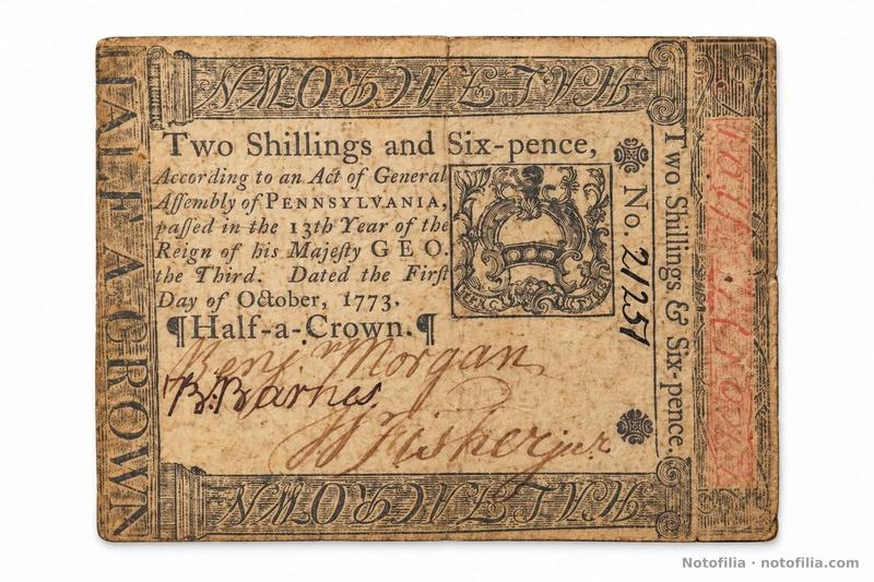 Face of the Pennsylvania 2s6d, Fr. PA-165, 1 October 1773: Half-a-Crown, red right border, and serial No. 21251.