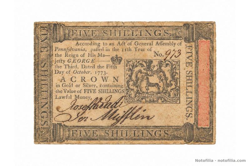 Face of the Pennsylvania 5 shillings, Fr. PA-166, 1 October 1773: provincial arms, red stripe, and manuscript serial 9733.