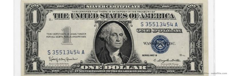 Face of the Series 1957-B $1 Silver Certificate, serial S35513454A: Washington, the blue Treasury seal, and plate positions H2 / H751.