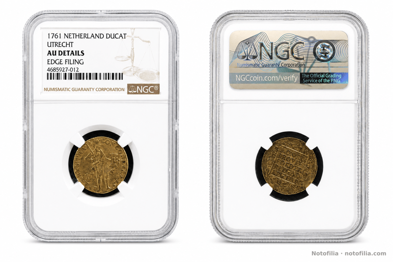 Anverso encapsulado: caballero a la derecha, fecha 17–61 y leyenda CONCORDIA RES PAR. CRES. TRA. Etiqueta NGC 1761 NETHERLAND DUCAT UTRECHT, AU DETAILS, EDGE FILING, 4685927-012.