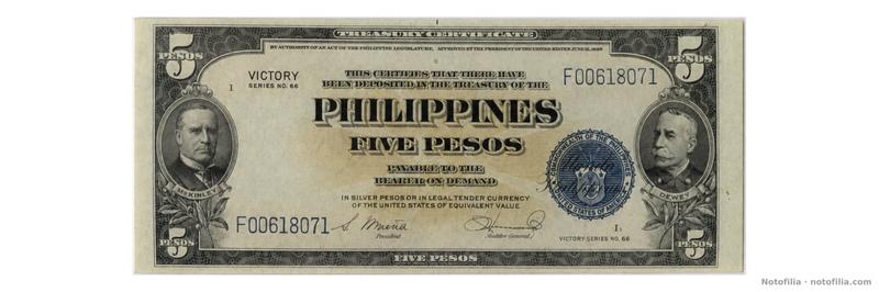 Anverso del 5 pesos, serie F00618071: McKinley, Dewey y sello del Commonwealth.