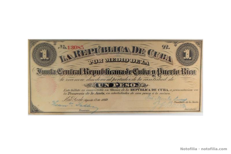 Face of the P#61 1-peso note: Central Republican Board, No. 13085 series B, New York 17 August 1869; medallions with 1 and signatures of Morales Lemus, Bassora, and the Treasurer.
