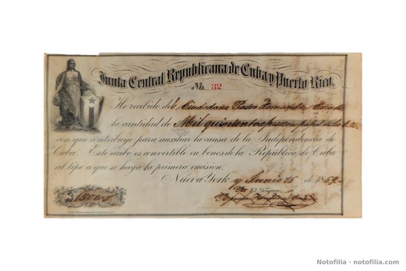 Face of receipt No. 32: Central Republican Board of Cuba and Puerto Rico, one thousand five hundred dollars in United States paper currency, 16 June 1869, Slote & Janes lithograph; Liberty vignette with La Estrella Solitaria.