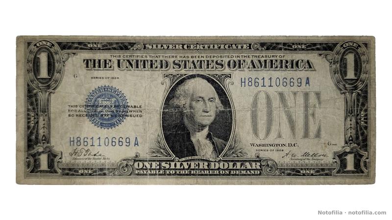 Anverso del 1 dólar certificado de plata serie 1928, serial H86110669A: Washington, sello azul del Tesoro, posición G y plancha 948.