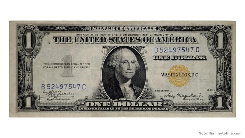 Anverso del 1 dólar certificado de plata serie 1935 A, serial B52497547C: Washington, sello amarillo del Tesoro, posición A y plancha A4124.