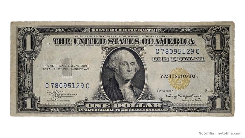 Face of the Series 1935A $1 Silver Certificate, serial C78095129C: Washington, the yellow Treasury seal, position E, and plate E4291.