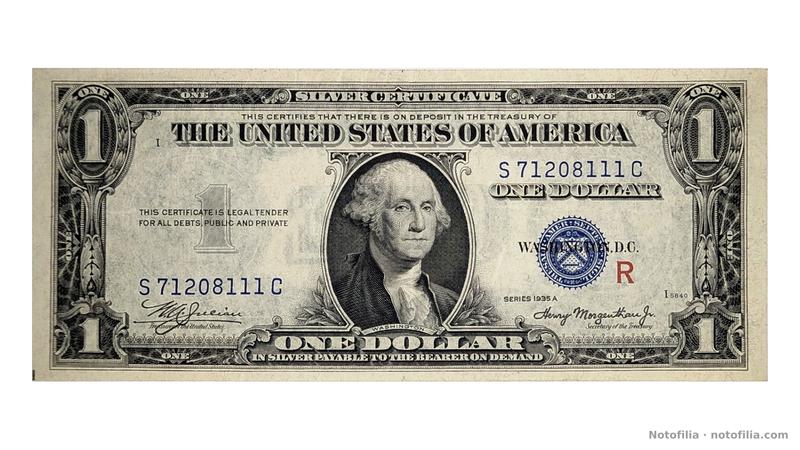 Face of the Series 1935A R-experimental $1, serial S71208111C: Washington, the blue Treasury seal, the red R, position I, and plate I5840.