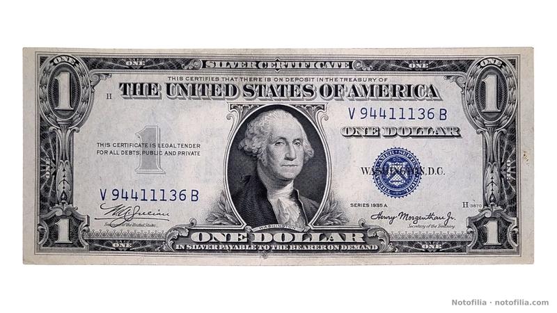 Face of the Series 1935A $1 Silver Certificate, serial V94411136B: Washington, the blue Treasury seal, position H, and plate H3870.