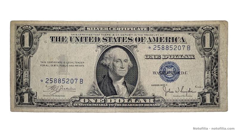 Face of the Series 1935C $1 Silver Certificate, replacement serial ★25885207B: Washington, the blue Treasury seal, position G, and plate G5965.