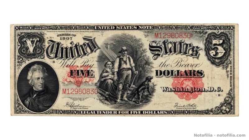 Anverso del 5 dólares United States Note, serie 1907, Fr. 91, serial M12980830: Jackson, la familia pionera, sello rojo y letra de plancha B.
