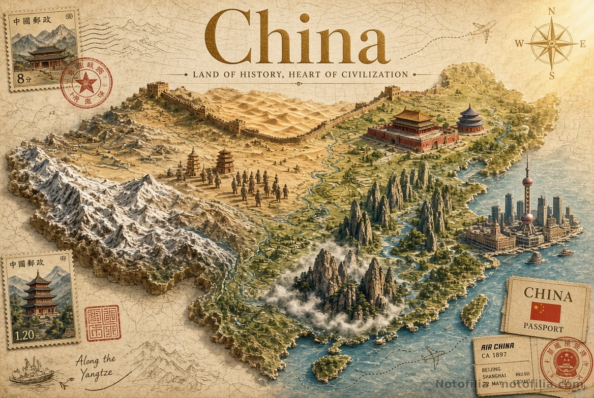 Mapa vintage en relieve 3D de China sobre pergamino, con la Gran Muralla, el Ejército de terracota, Shanghái, un pasaporte y el título China