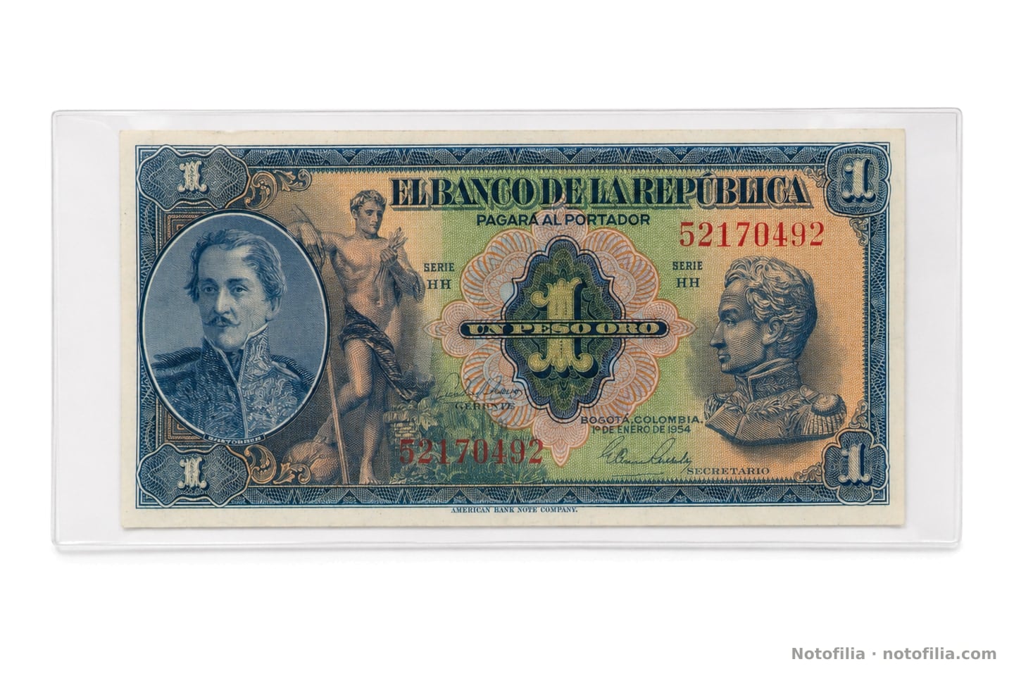 Face of the 1 peso oro, Pick 380g: Santander, Bolívar, Series HH, serial 52170492, and the date 1 January 1954.
