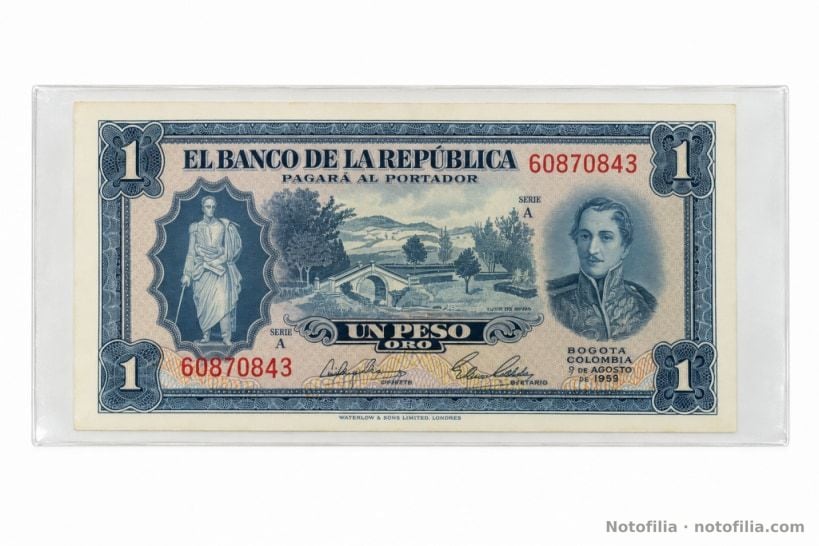 Anverso del 1 peso oro, tipo Pick 398: Bolívar, Puente de Boyacá, Santander, serie A, serial 60870843 y fecha 9 de agosto de 1959.