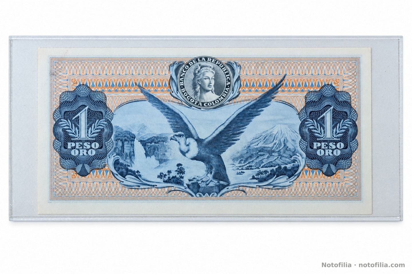 Back of the 1 peso oro, Pick 404e: Andean condor, falls, snow peak, and Liberty’s seal.